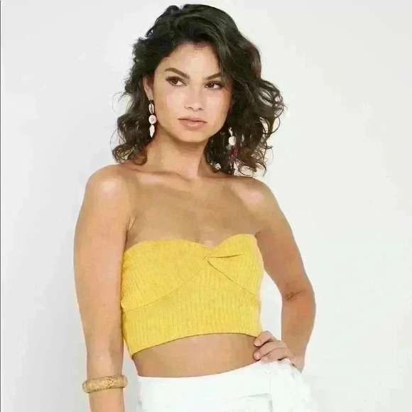 Forever 21 Yellow Bando Ribbed Crop Top Bra WOMENS L Boho Festival Sleeveless - Picture 1 of 7